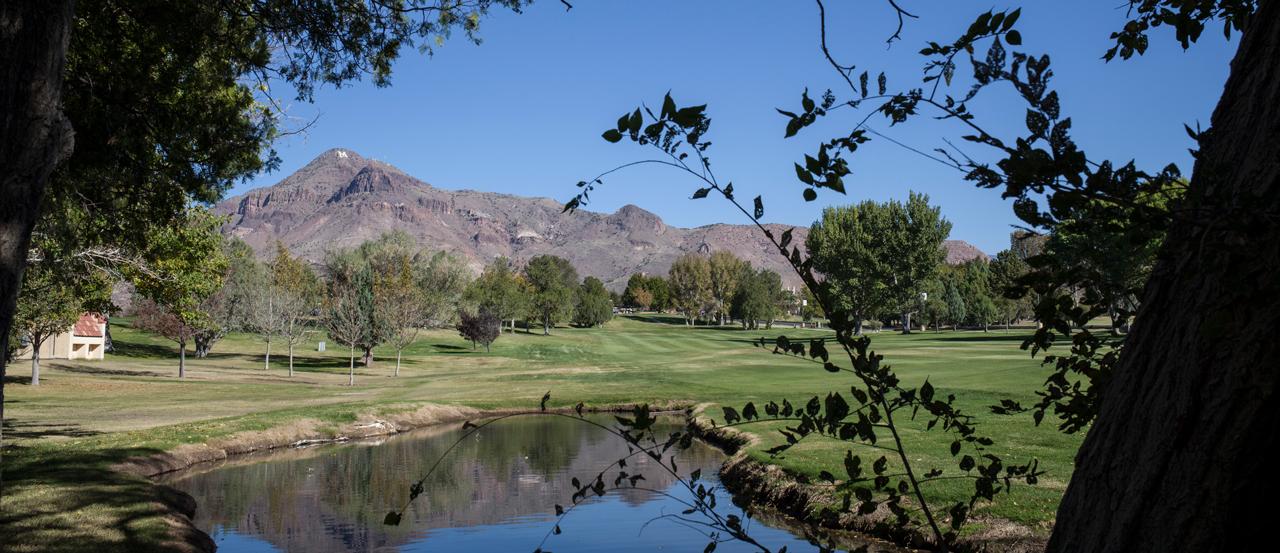 Picture of M Mountain from a water hazard.